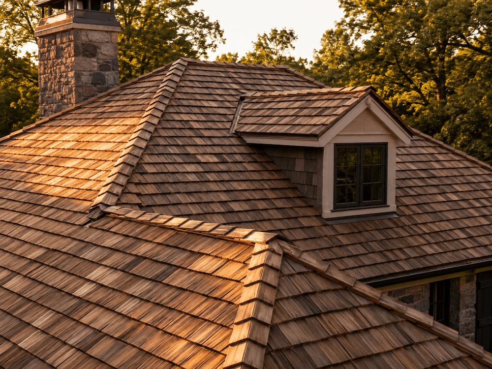 Cedar wood roofing system at sunset