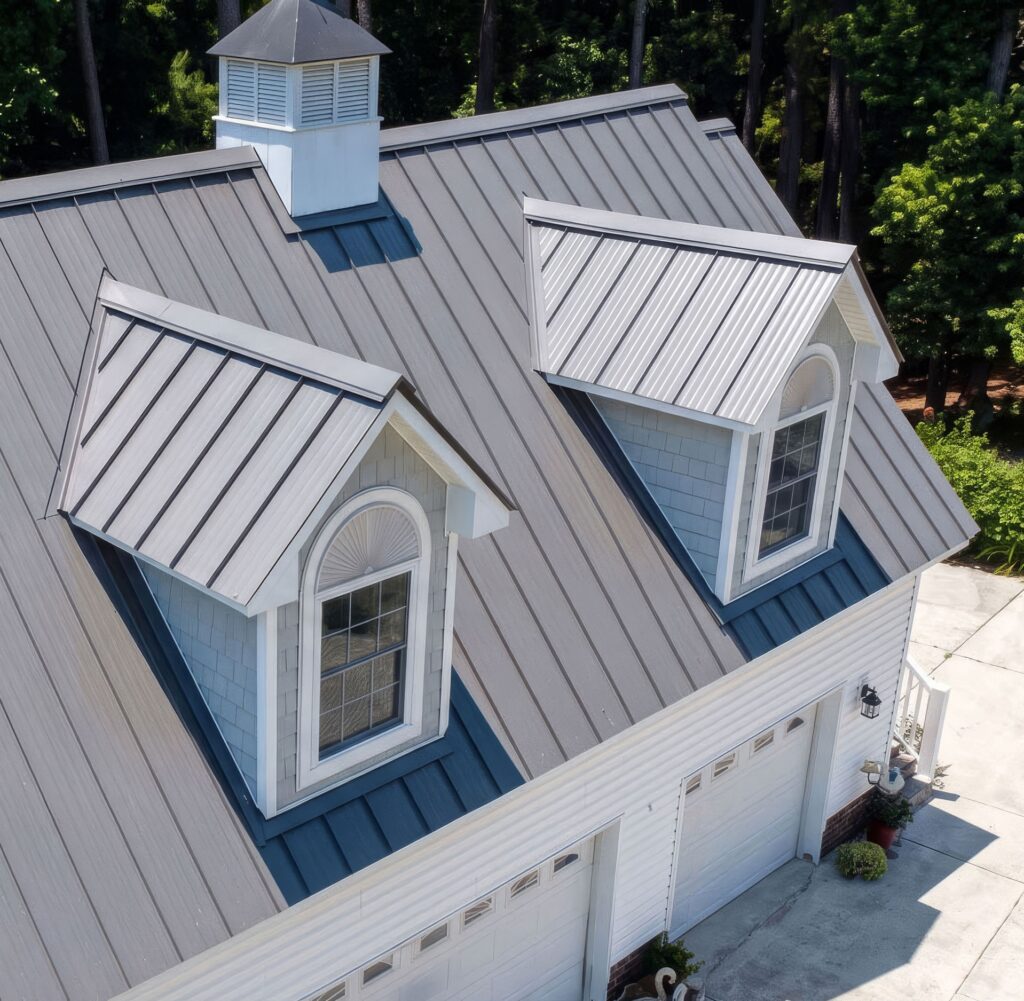 Aerial profile view of an IBC metal roof in gray
